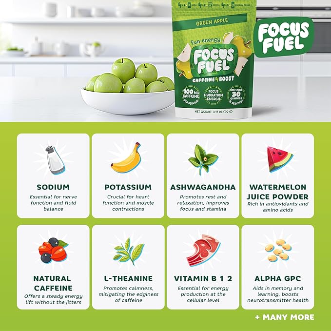 FocusFuel Energy Chews Variety Pack – Peach & Green Apple (2-Pack, 30 Servings Total) – 100mg Natural Caffeine + Nootropics – Crisp, Sweet Energy Combo