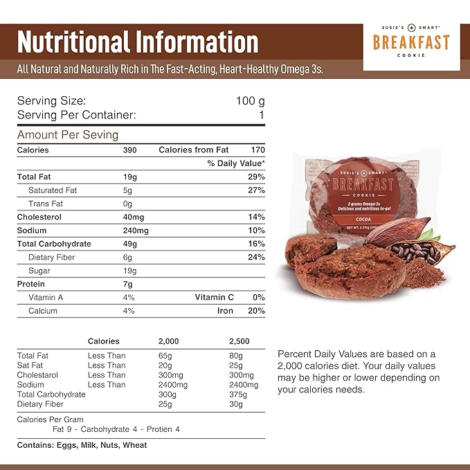 Susie's Smart Breakfast Cookie Healthy Omega3s and Protein Rich cocoa, 63 Ounce (Pack of 18)