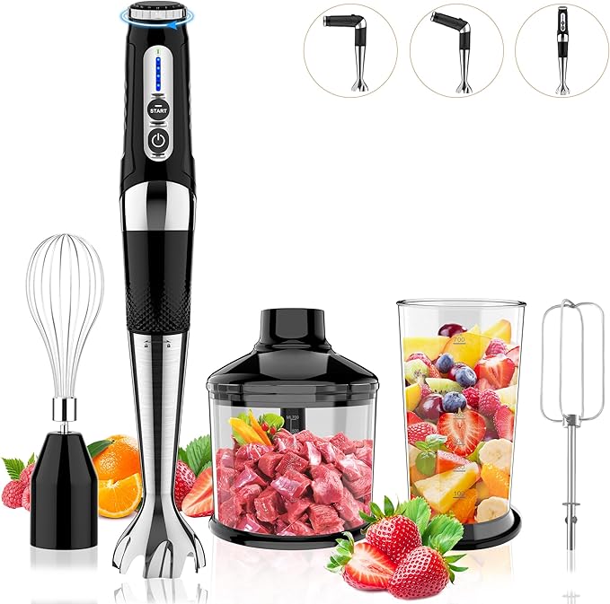 Cordless Immersion Blender: 4-in-1 Rechargeable Electric Hand Blender, 21-Speeds & 3-Angle Adjustable with 700ml Chopper, 700ml Beaker, Egg Whisk and Beater for Smoothies, Soup, Baby Food (Black)