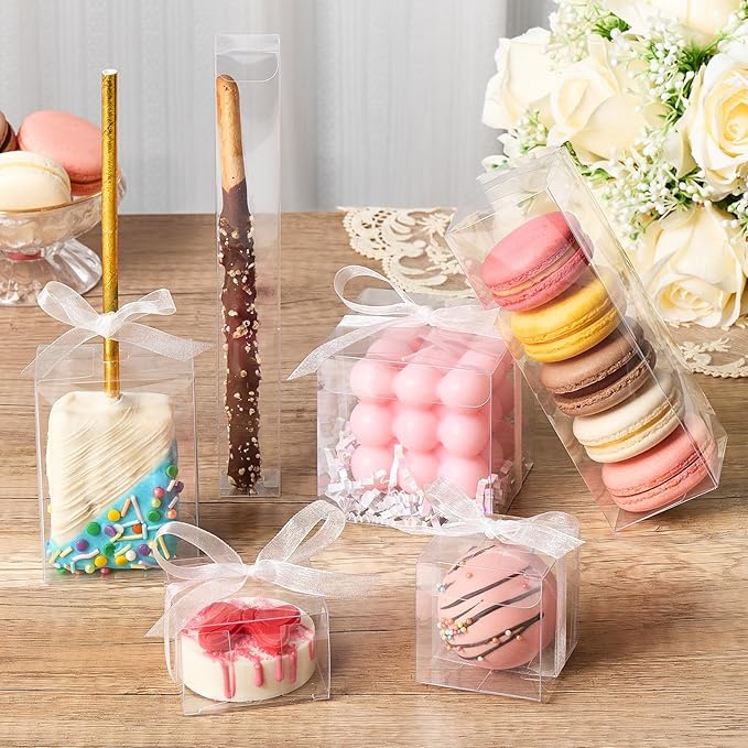 Jutieuo 30 Pack Clear Favor Boxes for Treats, 2x2x6 Inch Plastic Rectangle Gift Boxes Transparent Macaron Box for Wedding, Baby Shower, Birthday, Retail