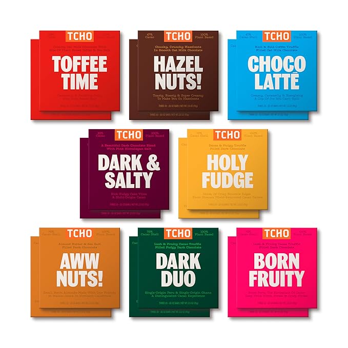 TCHO 100% Plant-Based Dark & Milk Chocolate Variety Pack - Gourmet Assortment with Toffee Time, Choco Latte, Dark & Salty, & More - Vegan No Artificial Sweeteners Chocolate Gift - 16 Count