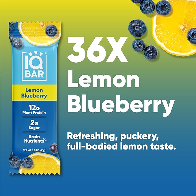 IQBAR Brain and Body Plant Protein Bars - Lemon Blueberry - 36-Count - Keto, Vegan, Low Carb, High Fiber, Gluten Free, Dairy Free, Low Sugar Snack with Nutrients for Focus, Energy, Meal Replacement