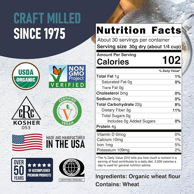 Great River Milling Organic Whole Wheat Flour | Unbleached & Unbromated | High Protein & Fiber | Non-GMO, Kosher | Perfect for Sourdough, Bread, Rolls, Baking, Cooking & More | 2 Lb