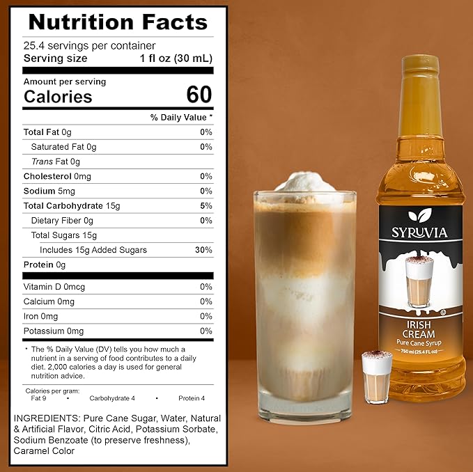Syruvia Irish Cream Syrup for Coffee - 25.4 fl oz. Kosher and Gluten-Free. Perfect for Enhancing Drinks, Sodas, Shakes, Desserts, and More.