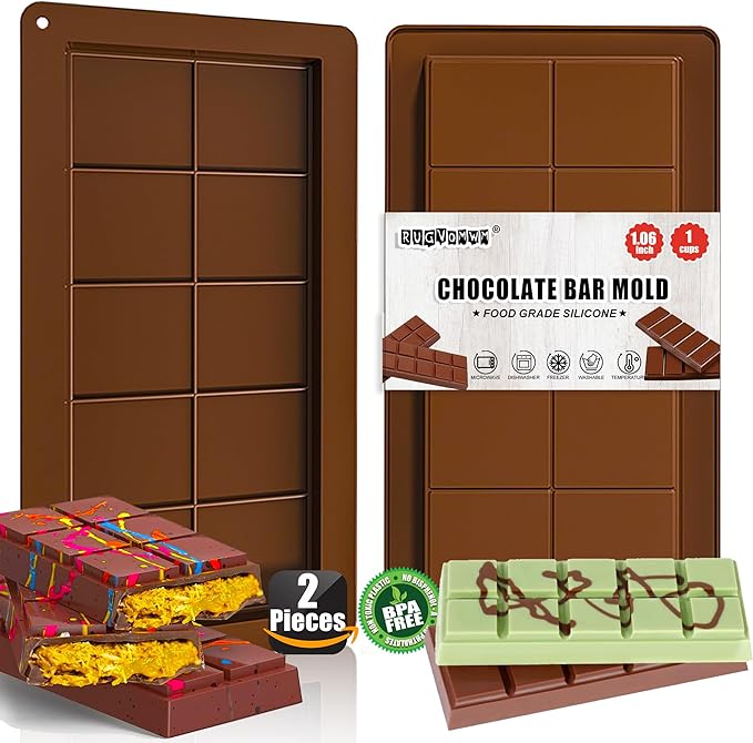 2 Pack Deep Chocolate Bar Molds Silicone,Large Stuffed Dubai Pistachio Deep Bar Moulds Kit 1 Inch Thick Big，for Homemade Making Bar Candy Bar Bpa Free DIY.
