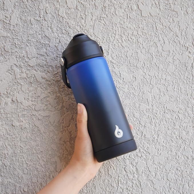BJPKPK Insulated Water Bottle with Straw Lid, 18oz Thermos Water Bottles, Flex Handle & Non-slip Boot, BPA Free Leak Proof Stainless Steel Metal Thermos, Tumblers, Cups,Black Blue