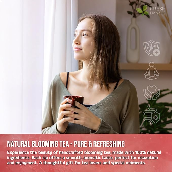 FreshDrinkUS, Premium 15 Flowering Tea Balls – Green Tea, Lily, Jasmine, Rose, Gomphrena & More – Beautiful Hand-Tied Blooming Teas for Relaxation & Wellness – Caffeine-Free. Ideal Gift for Tea Lovers