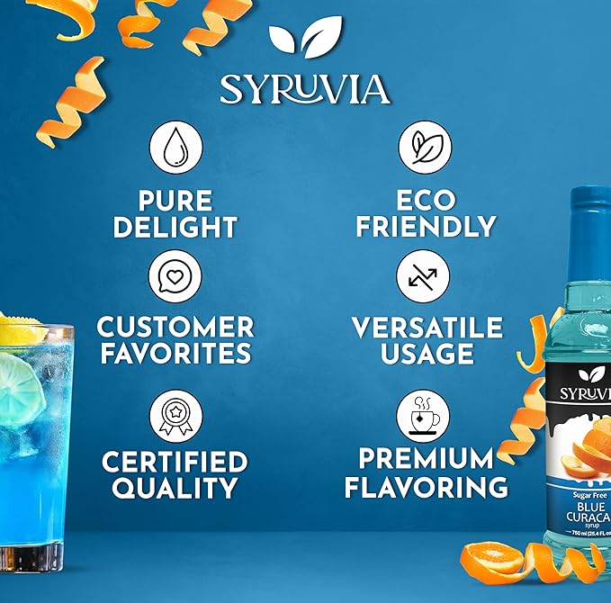 Syruvia Sugar Free Blue Curacao Syrup, Flavored Syrup for Cocktails, Drinks, Lemonades, Iced Teas, and Desserts – 25.4 fl oz