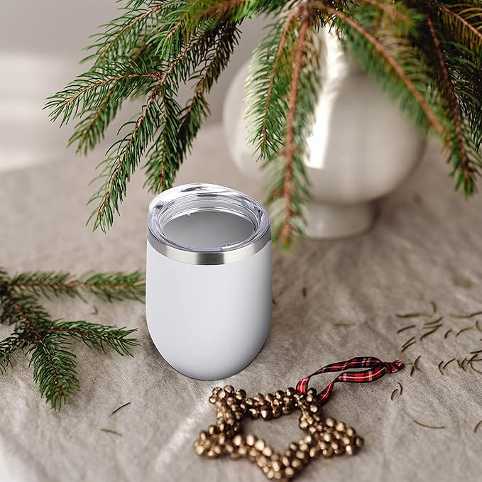 DOMICARE Stainless Steel Wine Tumbler Bulk with Lid, Personalized White Insulated Tumblers Set, 12oz Travel Coffee Cups Pack of 12