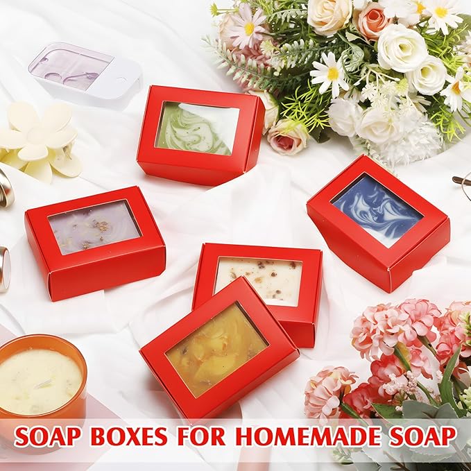 Zonon 30 Pcs Soap Boxes for Homemade Packaging, Mini Kraft Treat Boxes with Window for Bakery Candy Soap Making Gift Packaging (3.7 x 2.6 x 1.37 Inch,Red)