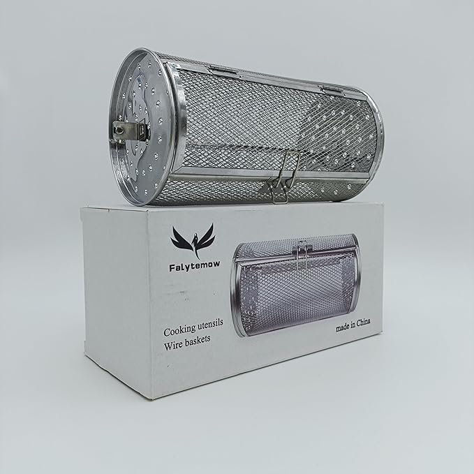 Falytemow Stainless Steel Rotisserie Grill Roaster Drum 12 X 23 cm Oven Basket Oven Roast Baking Rotary for Peanut Dried Nut Coffee Beans BBQ