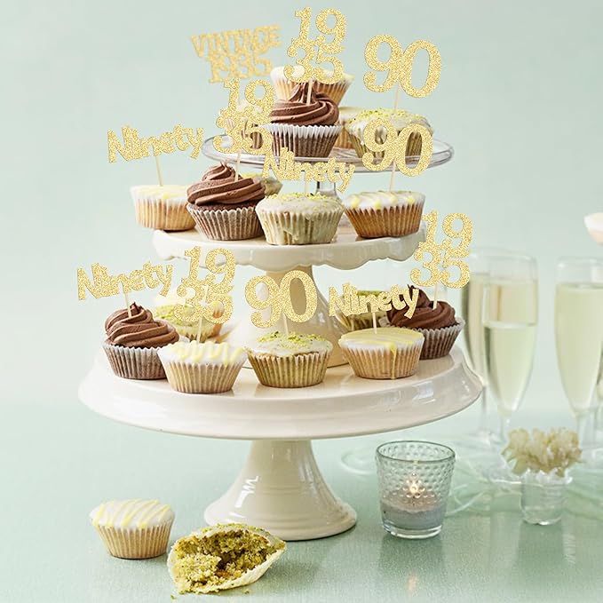Gyufise 24Pcs 90th Birthday Cupcake Toppers Glitter Cheers to 90 Fabulous Ninety Vintage 1935 Cupcake Picks 90th Birthday Wedding Anniversary Party Cake Decorations Supplies Gold
