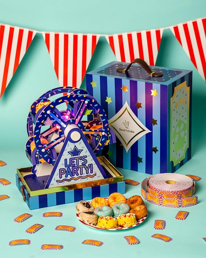 Party Time Mini Donut Ferris Wheel Box by Send A Cake – Ready to Gift, No Assembly Needed – 10 Mini Cake Donuts, Spins, Lights & Music – Fun Birthday & Celebration Gift for Women, Men, Adults, Kids