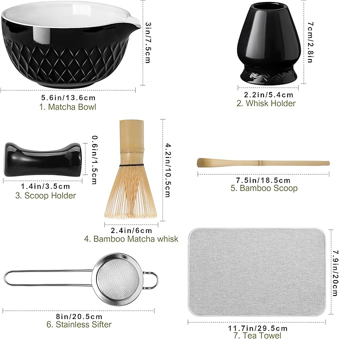 Matcha Whisk Set, 7 Pcs Matcha Kit, Ceramic Matcha Set Includes Matcha Bowl with Spout, Matcha Whisk and Holder, Bamboo Scoop, Scoop Rest, Sifter and Tea Towel (Onyx Black)