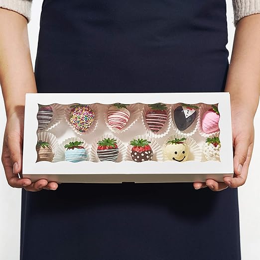 4PCS 12 x 5 x 1.5 inches Auto-Popup One Piece Premium White Cookies Boxes, Mini Strawberry Boxes, Bakery Box for Holiday Cookie Gift Sets