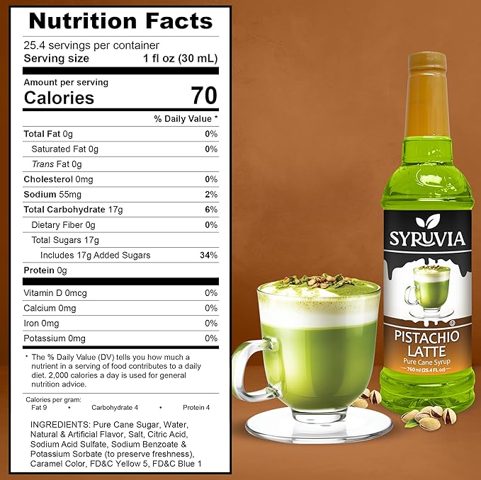 Syruvia Pistachio Latte Syrup for Coffee 25.4 fl oz - Kosher, Gluten-Free, Ideal for Elevating Your Culinary and Beverage Adventures