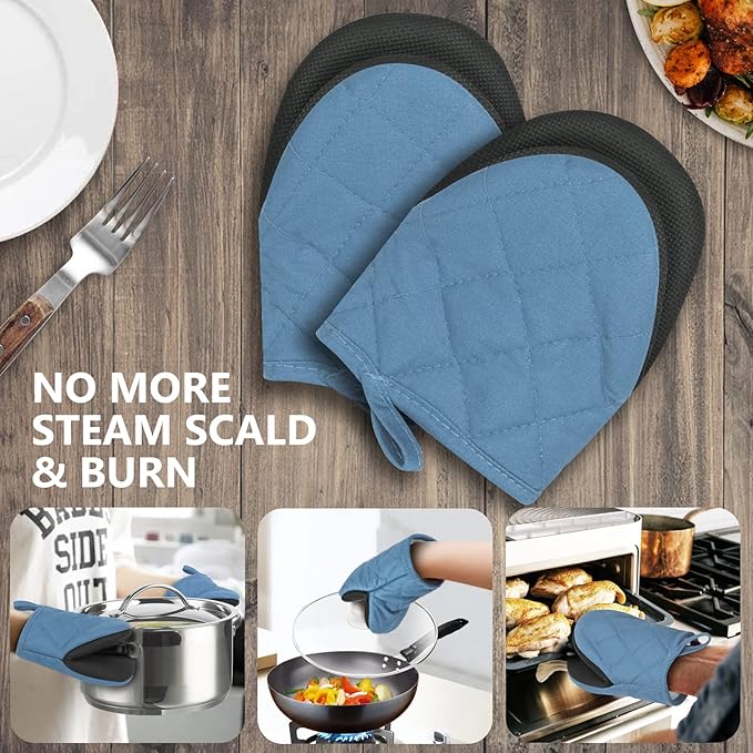 Qulable 1 Pair Short Oven Mitts - Silicone Kitchen Oven Gloves High Heat Resistant 500℉, Mini Oven Mits with Non-Slip Grip Surfaces and Hanging Loop for BBQ, Baking, Cooking and Grilling (Bule)
