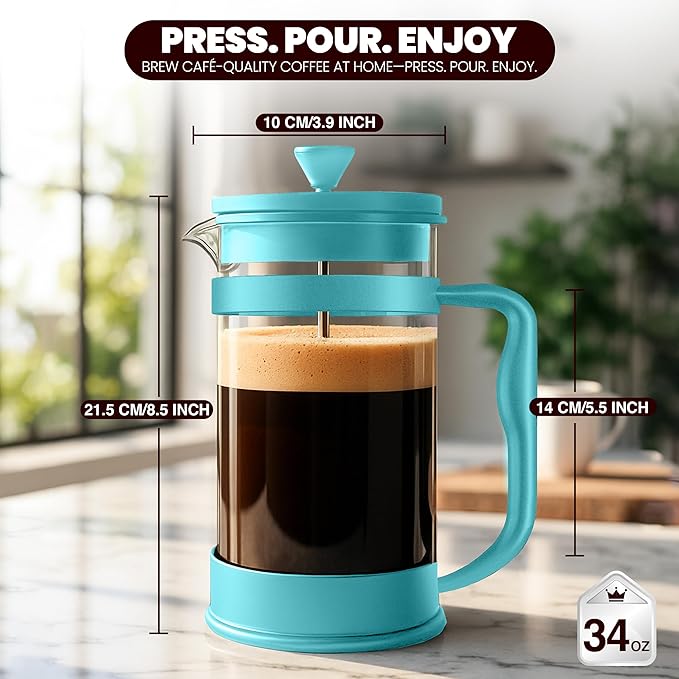 Utopia Kitchen French Press Espresso and Tea Maker with Triple Filters, Stainless Steel Plunger and Heat Resistant Borosilicate Glass (Aqua, 34-oz (Pack of 1))