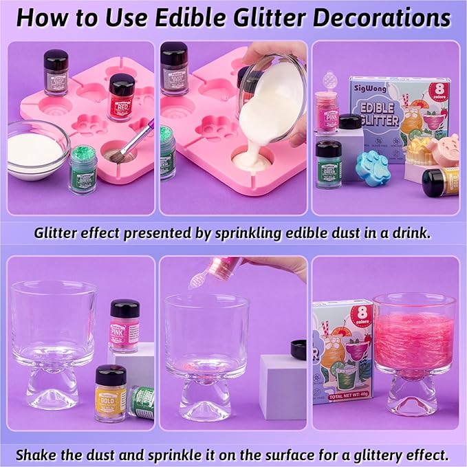 Edible Glitter - 8 Colors Luster Dust Edible Set for Drinks, Food Grade Edible Glitter Dust for Cake Decorating, Cocktail, Fondant, Strawberries, Candy, Cookie, Chocolate. Vegan and Gluten Free - 5g/bottle
