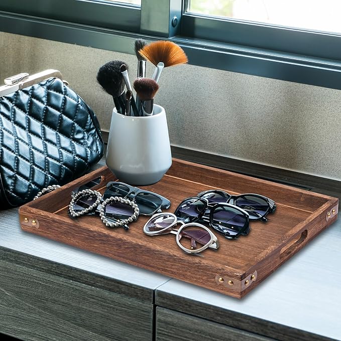 Wood Serving Tray, Rectangular Butler Serving Tray with Handle, Coffee Table Tray Decorative Tray for Tea, Coffee, Breakfast, Table Centerpieces 3 Pack