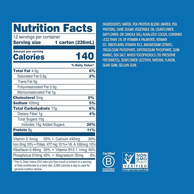 Ripple Non-Dairy Milk, Chocolate| Vegan Milk With 8g Pea Protein | Shelf Stable Single Serve Cartons | On-The-Go | Non-GMO, Plant Based, Gluten Free | 8 oz, 12 Pack