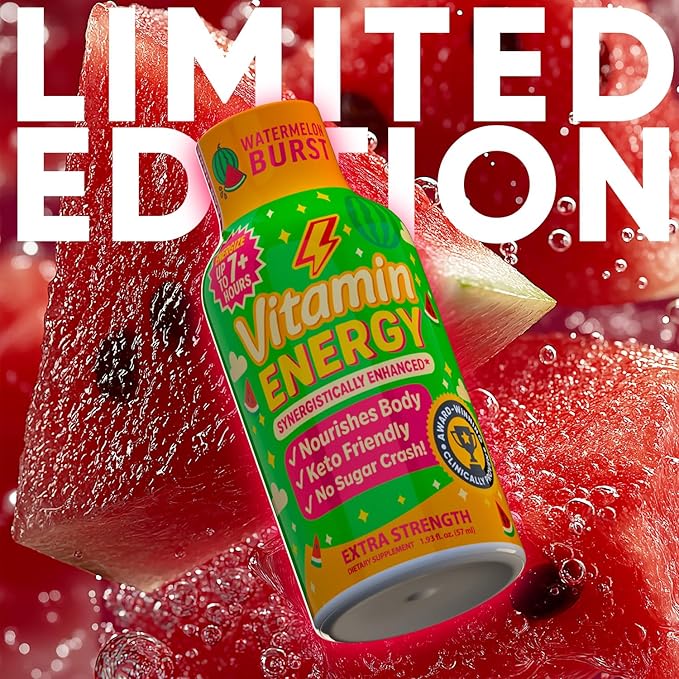 Vitamin Energy Immune+ Extra Strength Energy Shot Watermelon Burst 12 Pack, 260mg Natural Caffeine, B-Vitamins, Citicoline, Green Tea, Immunity & Focus Support, Zero Sugar, Gluten-Free 1.93 fl oz