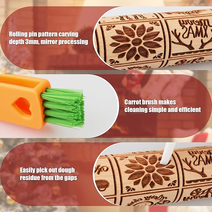 17" Premium Wood Rolling Pin with XMAS Embossed Designs | 3mm Deep Springerle Cookie Molds | Christmas Rolling Pin & Baking Gifts for Women | Includes 3-in-1 Cleaning Brush