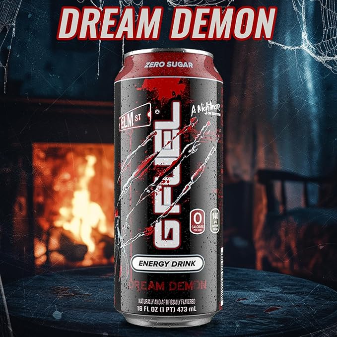 G Fuel Energy Drink, Fruit Punch, Sugar Free Beverage with 140mg Caffeine, Daily Energy Boost with Focus Amino, Vitamin + Antioxidants, 16 oz Cans (Nightmare on Elm Street, 12-Pack)