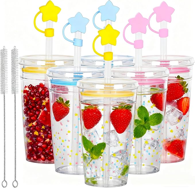 Clear Tumbler Cup, 16 oz Plastic Iced Coffee Cup with Lid and Straw, 6 Pack, Reusable and Dishwasher-Safe, for Gatherings and Outdoor Adventures (6, Star)
