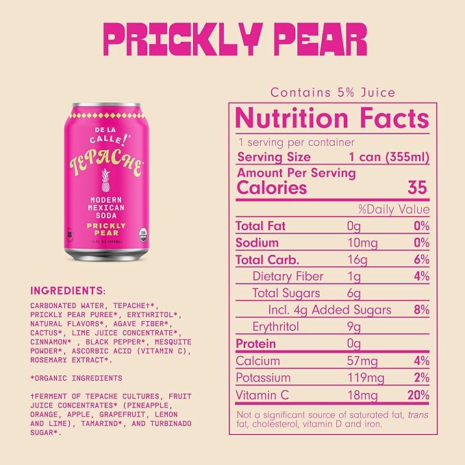 De La Calle Tepache - Cactus Prickly Pear - Modern Mexican Soda - Craft Fermented Pineapple Sparkling Beverage - Certified Organic, Antioxidant Rich, Non-Alcoholic, Healthy Soda, Low Sugar, Low Calorie, Non-GMO