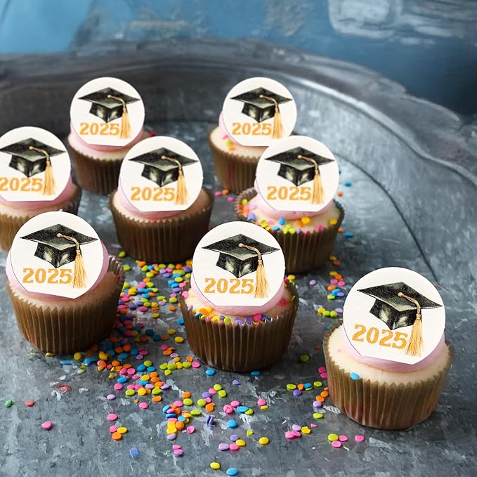 Gyufise 48Pcs Edible 2025 Graduation Cap Cupcake Toppers Wafer Paper Class of 2025 Grad Cap Cupcake Picks for 2025 Graduation Theme Party Cake Decorations Supplies Gold