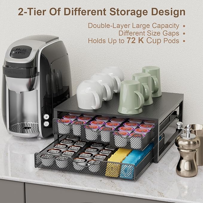 Coffee Pod Holder For Counter, 3 Pull-Out 72 K-Cup Holder Drawer, Wooden Cafe Pods Storage Organizer with Sliding Drawers for Coffee Station, Home, Kitchen, Office, Dorm, Black