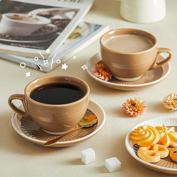 Sweese 6 Ounce Cappuccino Cups with Saucers, Porcelain Double Espresso Cups Set of 4 - Yellow
