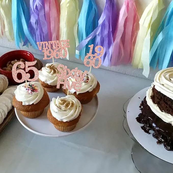 Gyufise 24Pcs 65th Birthday Cupcake Toppers Glitter Cheers to 65 Fabulous Sixty Five Vintage 1960 Cupcake Picks 65th Birthday Wedding Anniversary Party Cake Decorations Supplies Rose Gold