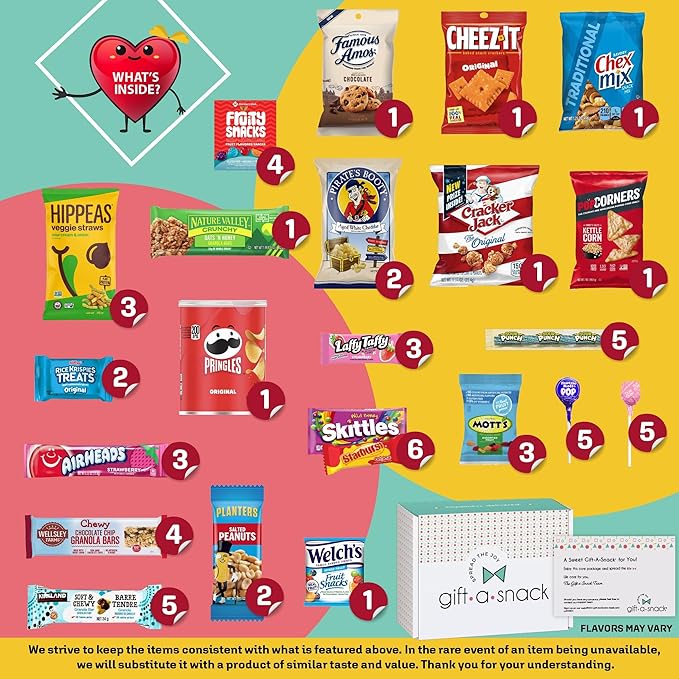 Gift A Snack - Thanksgiving, Holiday, Christmas Stocking Stuffer Snack Box Variety Pack Care Package + Greeting Card (60 Count) Birthday Sweet Treats Gift Basket, Candies Chips Crackers Bars