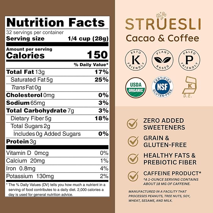 Struesli Cacao + Coffee Organic Granola, Grain & Gluten Free, Healthy Snacks with Cacao, Coffee, Tiger Nuts, Pecans, Walnuts, Hemp Hearts & Coconut Flakes, Plant Based, Keto & Paleo Friendly, 32 Oz