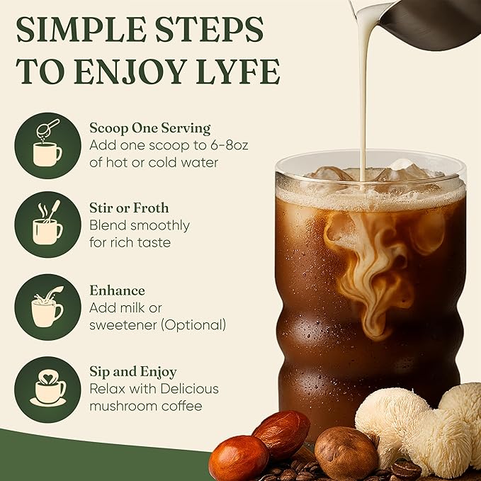 LYFE Organic Instant Mushroom Coffee – Lion’s Mane, Chaga, Cordyceps, Turkey Tail | USA Grown Adaptogenic Mushrooms for Better Energy, Focus, Gut Health, Immunity – 40 Servings