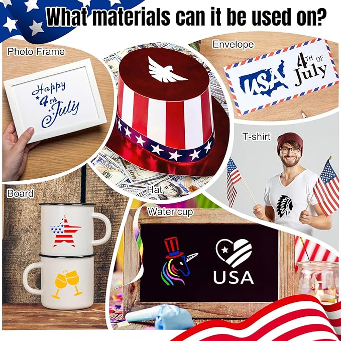 100 Pcs Stencils for Painting on Wood Reusable Stencil Crafts Drawing Templates Holiday Stencils Wall Paper Stencil Set for DIY Art Scrapbook Home Decor 2 x 2 Inch (Patriotic Style)