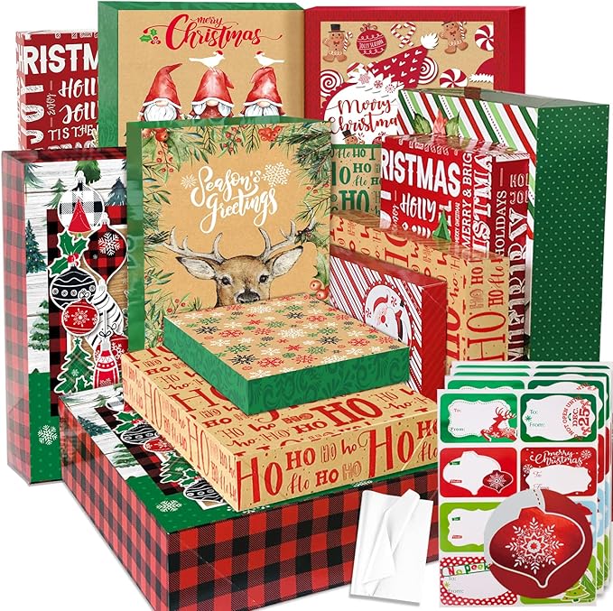 Party Funny 12 Christmas Gift Wrap Boxes for Wrapping Extra Large Clothes, 12 tissue paper and 80 Christmas Stickers(Assorted size for Shirts, Robes, Coats, Sweaters and xmas Holiday Present)