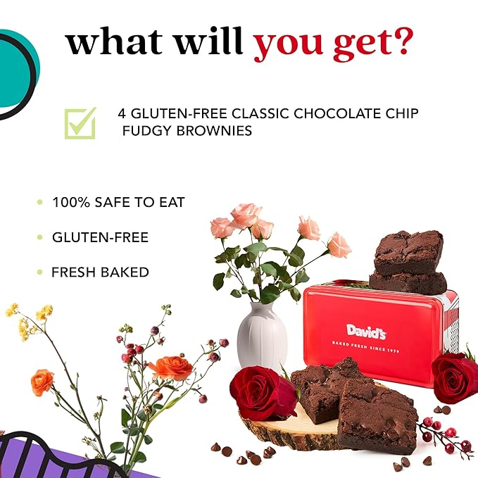 David’s Cookies Gluten-Free Brownies Gift in Sweet Sampler Tin – 4pcs Fresh Baked Brownie Snacks – Individually Wrapped Chocolate Brownies – Gourmet Bakery & Dessert Brownie Gift for All Occasions