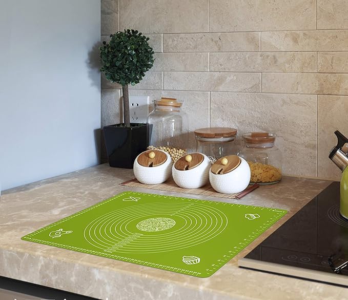 Silicone Baking Mat for Pastry Rolling Dough with Measurements, 25.6 x 17.7 BPA Free Non stick and Non Slip Green Table Sheet Baking Supplies for Bake Pizza Cake