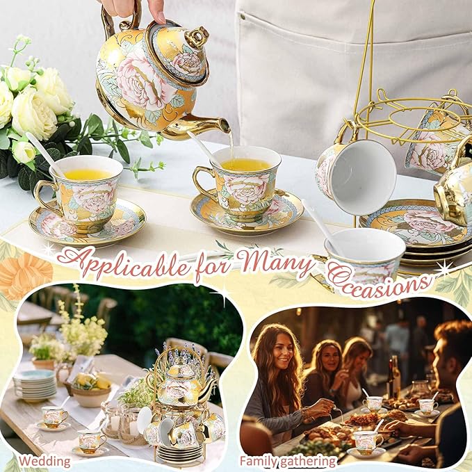 Zhehao 20 Pcs Porcelain Tea Set with Metal Holder and Spoon Adult Ceramic Tea Party Set European Flower Painting Teapot Cup Saucer Spoon Set for Women, Large Version(Classic Style)