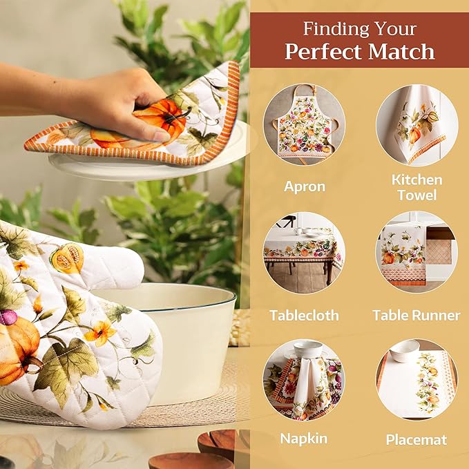 Maison d' Hermine 100% Cotton Oven Mitt & Pot Holder Set (7.5"x13" & 8"x8") Heat Resistant BBQ Cooking Gloves with Loop, Baking, Grilling, Kitchen, Handling Hot Pans (Pumpkin Garden - Cloudy Cream)