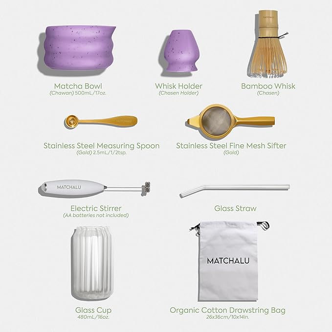Premium 9 Piece Matcha Set Includes Ceramic Matcha Bowl, Bamboo Whisk & Holder, Stainless Steel Spoon & Sifter, Glass Cup & Straw, Electric Frother, Storage Bag - Gift for Matcha Lovers (Purple)