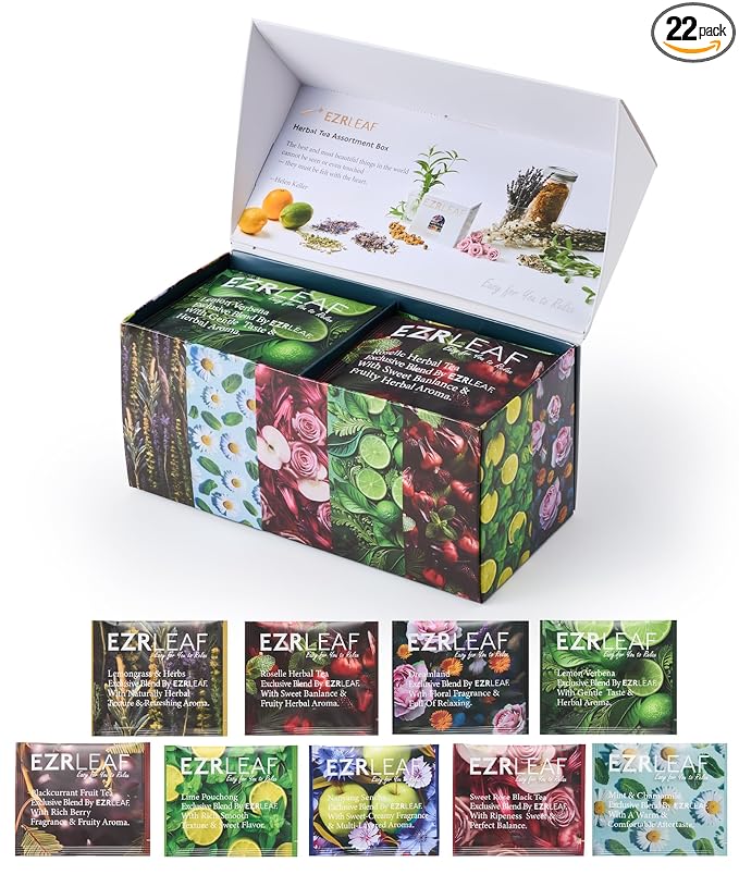 EZR Leaf Herbal & Fruit Tea Sampler Gift Box – 22 Pyramid Tea Bags with 9 Fruit & Floral Blends – Low & Caffeine Free Assortment for Relaxing Tea Lovers Lemon Verbena x3, Lemongrass & Herbs x2, Dreamland x2, Lime Pouchong x3, Nanyang Sencha x2, Blackcu...