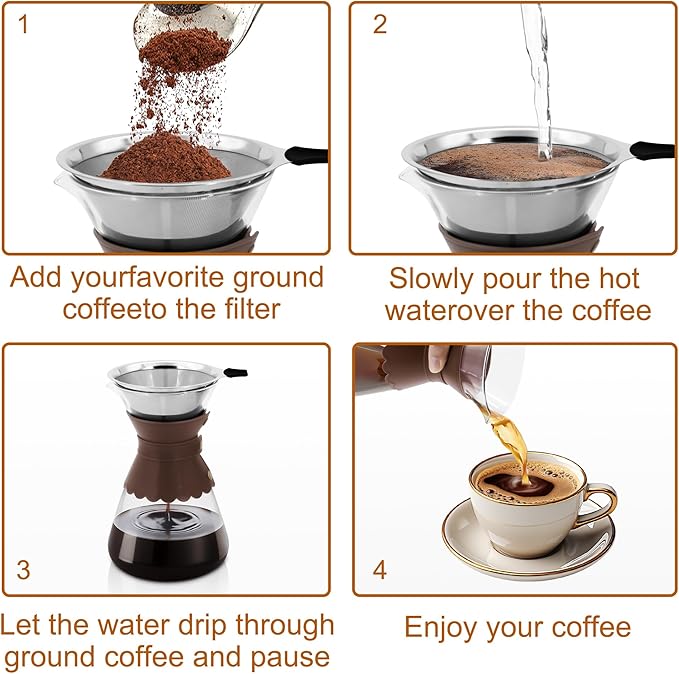 34oz Pour Over Coffee Maker with Double Layer Stainless Steel Filter, Borosilicate Glass Dripper, Detachable Heat-Resistant Leather Pad 7-8 Cups Coffee Maker Carafe（Dark brown）