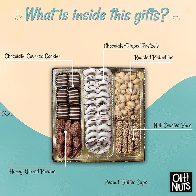 Oh! Nuts Chocolate and Nuts Gift Basket - Gourmet Truffles & Chocolates Pretzels - Assorted Nut Gift Square Metal Tin Box - Healthy Food Gifts Baskets for Holiday, Birthday, Corporate, Women & Men