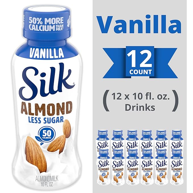Silk Shelf-Stable Almondmilk, Less Sugar Vanilla, Dairy-Free, Vegan, Non-GMO Project Verified,10 Ounce (Pack of 12)