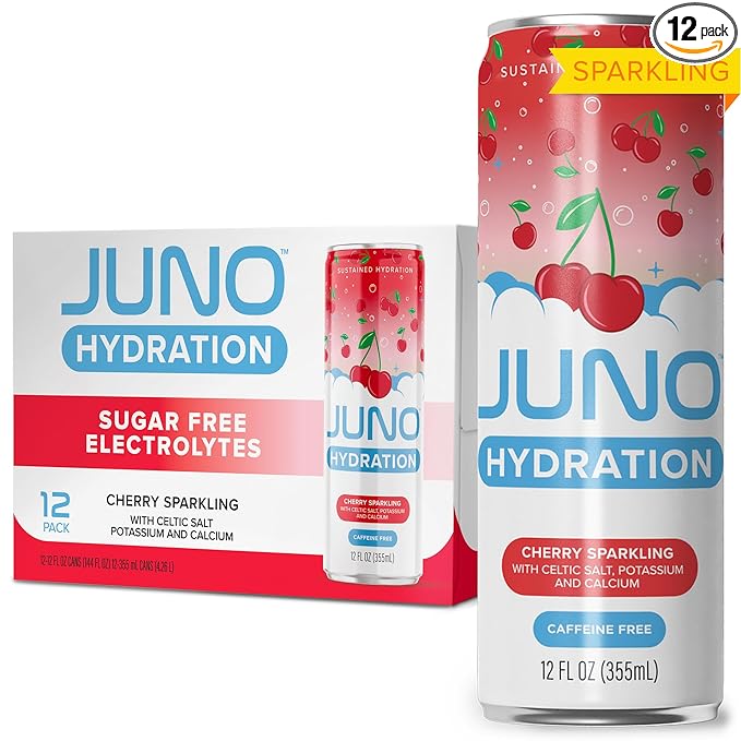 JUNO HYDRATION Organic Cherry Sparkling Drink - Sugar Free Electrolytes Organic Monk Fruit, Sour Cherry Juice, Black Cherry Extract and Hydrating with Celtic Salt, Potassium, Calcium - Premium Refreshing Beverage, 12 Pack