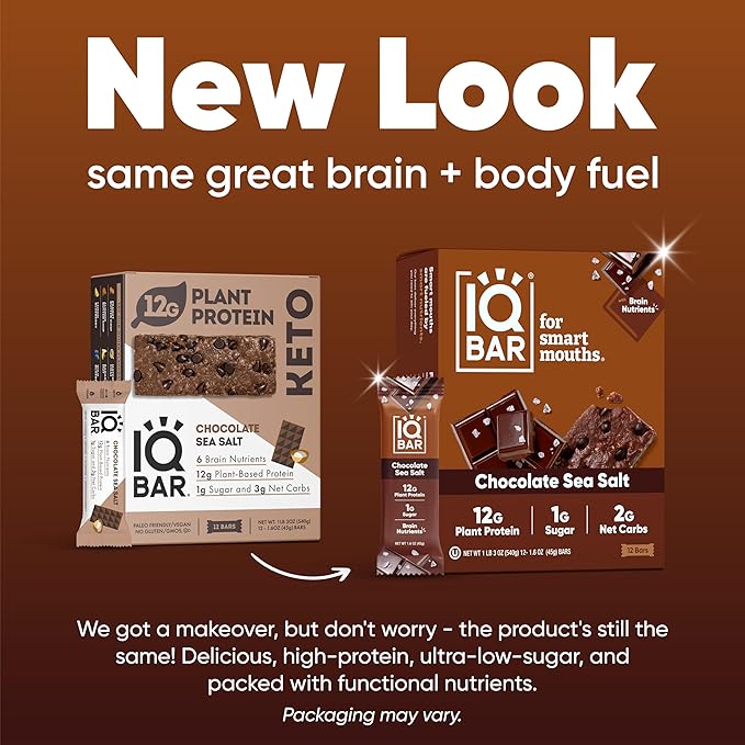 IQBAR Brain and Body Keto Protein Bars - Chocolate Lovers Variety and Chocolate Sea Salt - 12 Count Energy Bars - Low Carb Protein Bars - High Fiber Vegan Bars Low Sugar Meal Replacement Bars